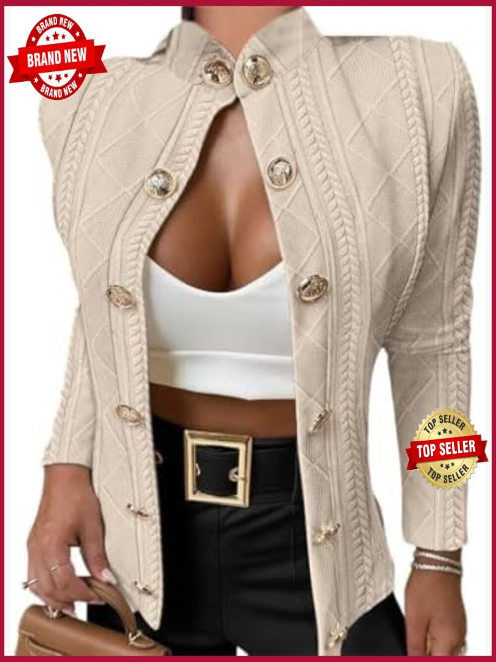 Women Argyle Cable Cardigan Cropped Coat Stand Collar Long Sleeve Button Front